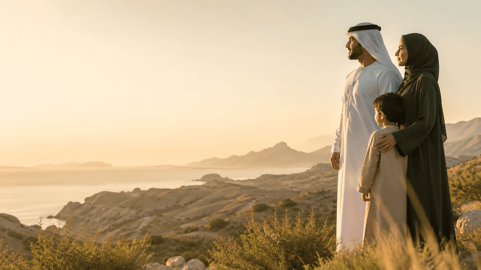 A family looking toward a regional landscape at golden hour.